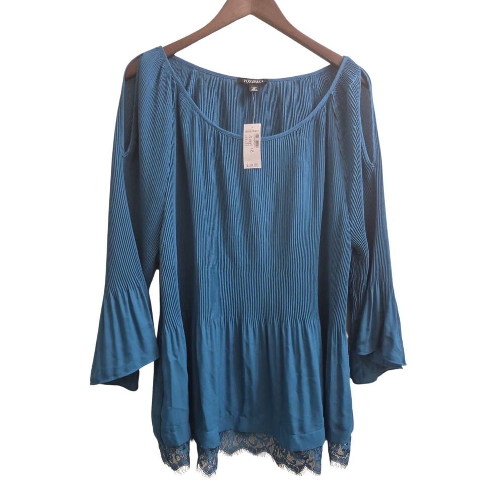 Roz & Ali Tunic Top Women's Size 2X Pleated Lace Hem Teal Flare Sleeves New